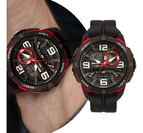 comprar Relógio Masculino Esportivo Digital e Analógico de Pulso com Pulseira de Silicone à Prova D' Água Preto e Vermelho Surf Com Cronômetro, Alarme, Calendário e Iluminação Noturna - Mormaii MO18766\u002F8P