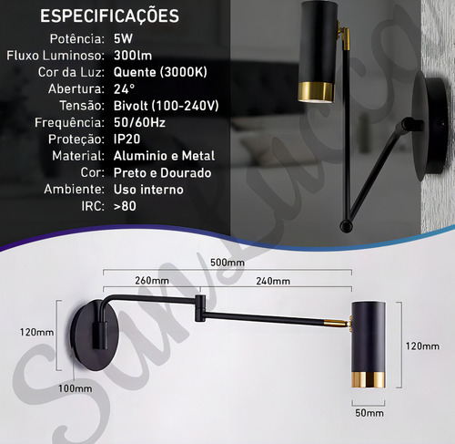 Luminária Cabeceira Cama SanluccaS3685 Preto C/Dourado Quarto Leitura Parede Articulada Estrutura 110v/220v