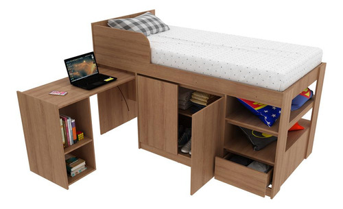 Cama Solteiro Com Escrivaninha Multimóveis Vcr35067 Cor Amêndoa