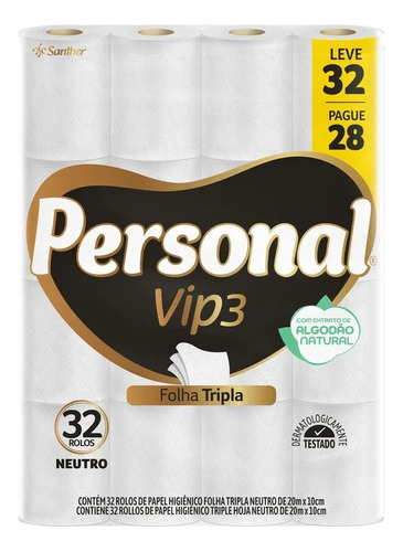 Personal Vip3 Papel Higiênico De Folha Tripla Com 32 Rolos