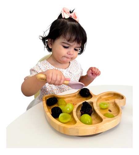 Colher De Bebê Silicone Atóxico E Bambu Orgânico Rosa