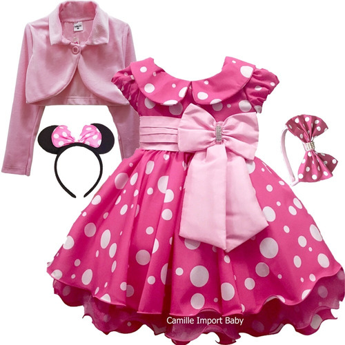 Vestido Minnie Rosa Pink Festa Luxo Minni Poã E Bolero