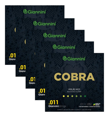 Jogo De Cordas Violão Giannini Aço Cobra Geeflkf .011 5 Pack