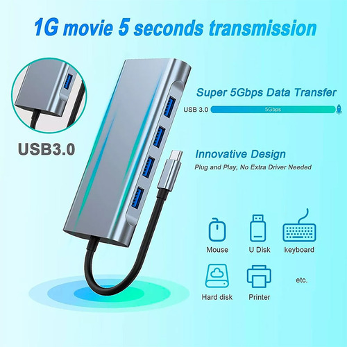 Adaptador Hub 4k 11 En 1 Usb-c Multipuertos 100mbps