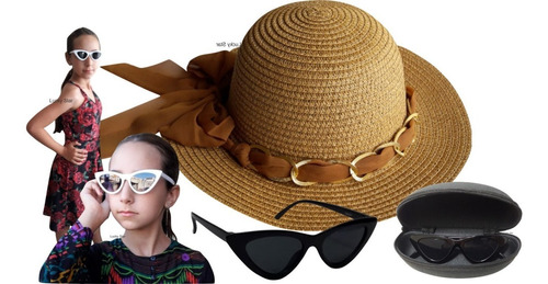 Chapéu Praia Infantil 4 Até 8 Anos + Óculos De Sol Menina Kit