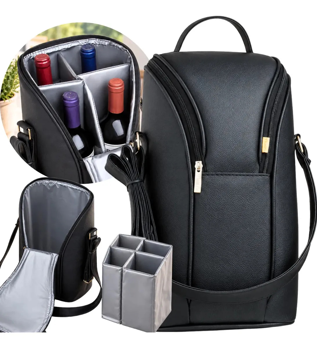 Bolsa Térmica Vinho 4 Garrafas Taças Wine Bag Kaizu Couro Sintético Premium Com Alça Transversal Para Transporte Viagem Presente Porta Garrafas Proteção Térmica