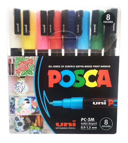 Marcadores Uni Posca Pc-3m Punta Media X8 Colores Blister