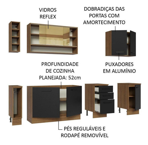 Armário De Cozinha Completa 220cm Rp Agata Da Thêmis Madesa Cor Rustic/Preto
