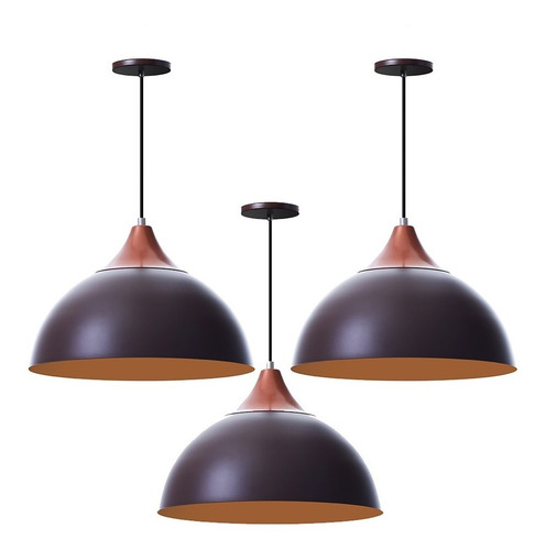 Lustre Pendente Meia Lua 30cm C/ Chapéu Alumínio Decorações Estrutura Marrom Com Topo Cobre