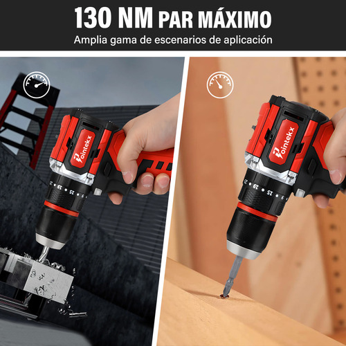 Pointekx Taladro Rotomartillo Inalámbrico 1/2'' Motor Sin Escobillas ,130 Nm,Ajuste De Par De 35+3,2 Baterías De 3.0ah, Con Accesorio De Golpeo, Se Puede Utilizar Como Martillo.