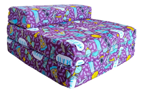 Sofá Cama Infantil Plegable, Colchoneta Con Soporte Firmé Color Morado Palmeras