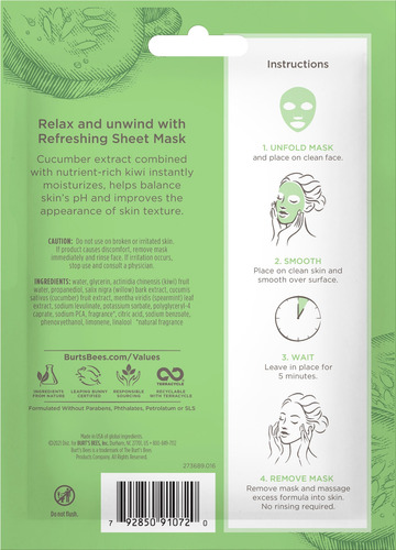 Imagen 2 de 5 de Máscara Facial De Tela Burt's Bees Refreshing Cucumber 1 Un