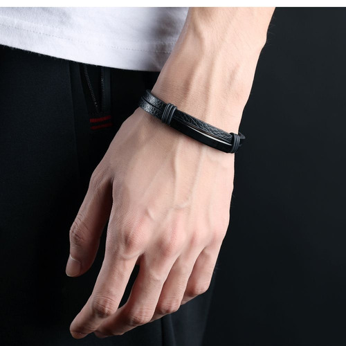 Pulseira Hombre Em Couro Preta