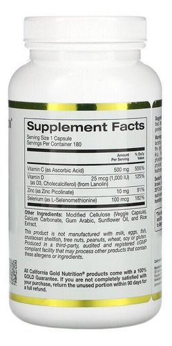 Imagem 2 de 3 de Immune 4 Importado (vitaminas C, D3, Zinco, Etc) 180 Caps