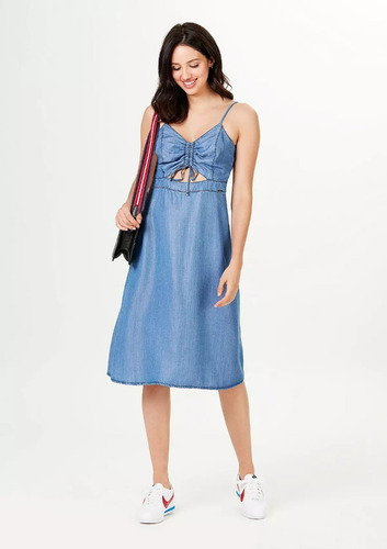 Vestido Jeans Midi Alças Finas E Amarração - Azul