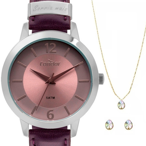 Relógio Feminino Prateado Condor Pulseira Em Couro Kit Jóias