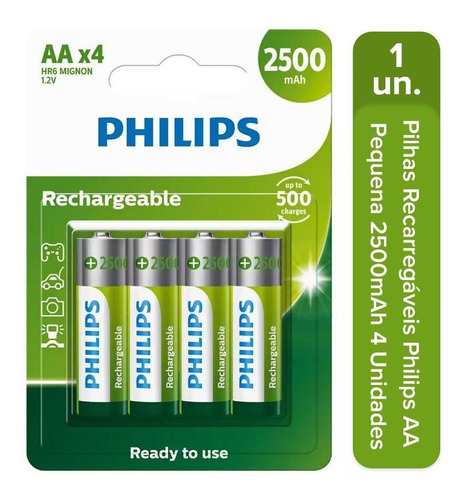 4 Pilhas Recarregáveis Philips Aa 2500mah Hr6 1,2v