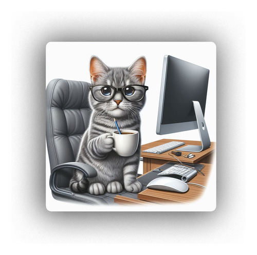 Mousepad Gato Trabajando Oficina Computadora Cafe M2