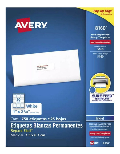 750 Etiquetas Separa Fácil Blancas Avery 2.5x6.7 Cm 8160