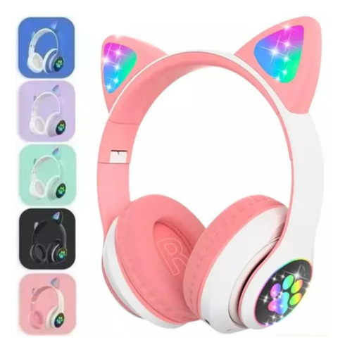 Fone De Ouvido Gatinho Bluetooth Com Luzes Led Infantil Rosa