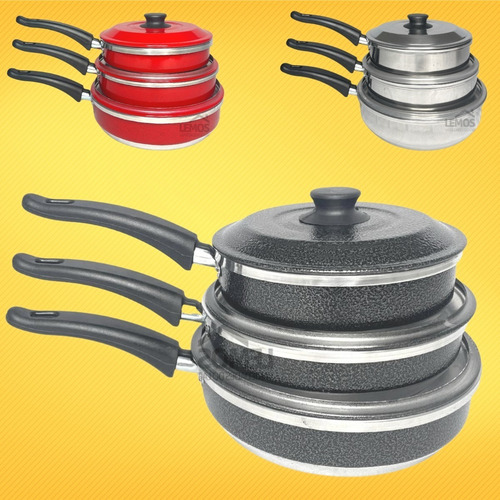 Jogo Kit Frigideira Com Tampa Conjunto 3 Peças Tam 18 20 22