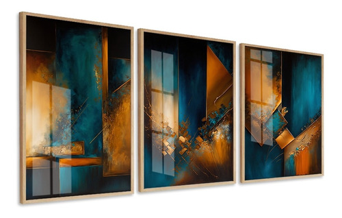 Kit 3 Quadros Decorativos Abstrato Moderno Azul Com Vidro