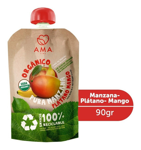 Ama Puré/comporta Manzana Plátano Mango Orgánico Envase Reciclable 90g