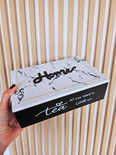 Caja Saquitos De Té Madera 6 Divisiones Con Tapa Deco Blanco Con Negro