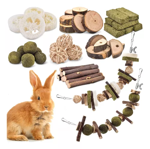 Juguetes de conejo para conejos, hámster/conejillo de indias, palitos de  heno natural Timothy, golosinas masticables y bolas para conejo, conejito