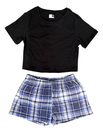 Pijama DĂșo Para Pareja De Short Cuadros Azules