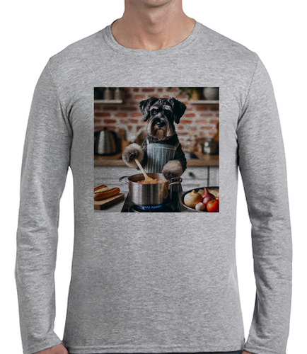 Remera Hombre Ml Schnauzer Perro Delantal Celeste Blanco