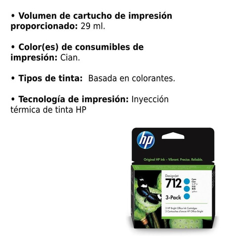 Imagen 2 de 5 de Cartucho De Tinta Hp Desingjet 712 Cian Pack De 3 29ml