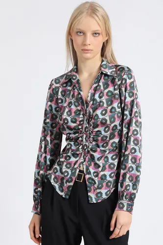 Blusa Satin Estampado Retro, Recogido, Rosa Liola