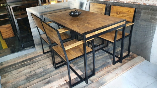Imagen 4 de 8 de Mesa Industrial Comedor 160x80 Con 4 Sillones Madera Hierro