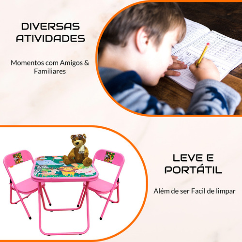 Mesinha Infantil Dobrável Conjunto Com 4 Cadeiras Aço Até 40 Kg Branco Floresta Zoológico