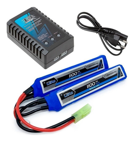 Kit Airsoft Carregador Balanceador L3 + Bateria Lipo 7,4v 2s 1100mah 20c Aeg M4 Rifle Leão Mini Tamiya Arma Elétrico