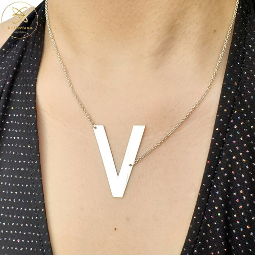 Imagen 2 de 5 de Cadena Plata Rollon Con Letra Inicial V Grande 30 X 40mm