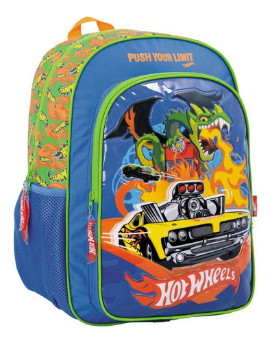 Mochila 16 Espalda Dragon Hot Wheels Wabro Verde Diseño De La Tela Liso