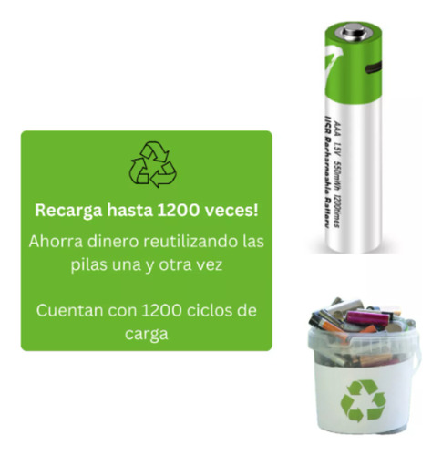 Pilas Bateriaa Aaa 1,5v Recargables 1200veces Carga Usb-c