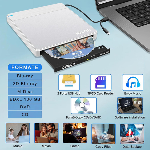 Reproductor Bluray Nolyth, Externo, Cd/dvd, Usb/usb-c