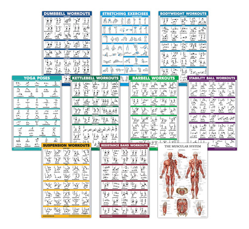 Quickfit - Juego De 10 Carteles De Ejercicios: Con Mancuerna