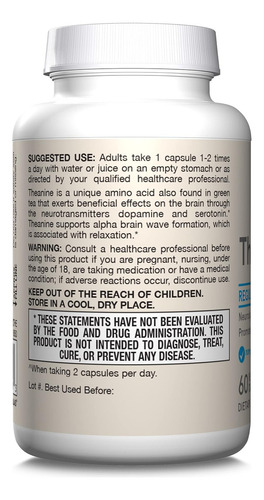 Jarrow Formulas Teanina 100, 100 Mg 60 Cápsulas Sabor Sin sabor