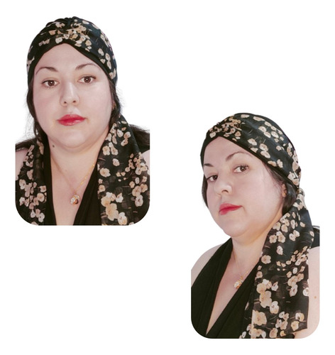 Turbante Gorro Para Mujer C/banda Oncológico Quimio. Algodon Color Negro Estampado