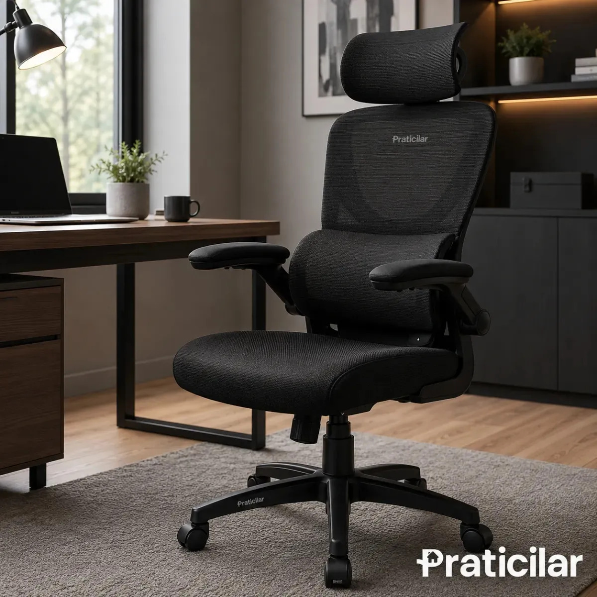 Cadeira Escritório Ergonômica Presidente P500 Preto Com Suporte Lombar Encosto Cabeça Estofado Mesh Praticilar