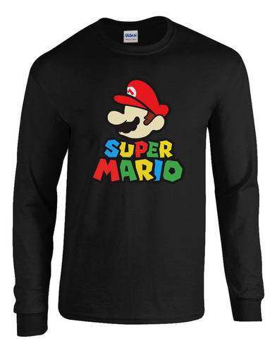 Mario Bros Comic Camibuso Camiseta Negra Manga Larga Hombre