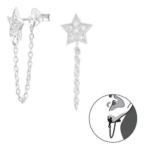 Aretes Estrellas Con Cadena Plata 925 Aros Pequeños