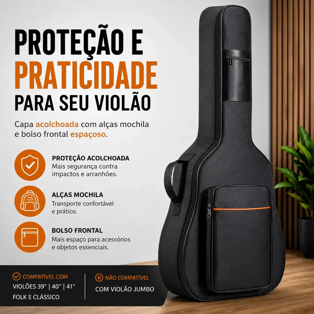 Capa Bag Luxo Acolchoada Preta Para Violão Classico/Folk Estofamento Reforçado