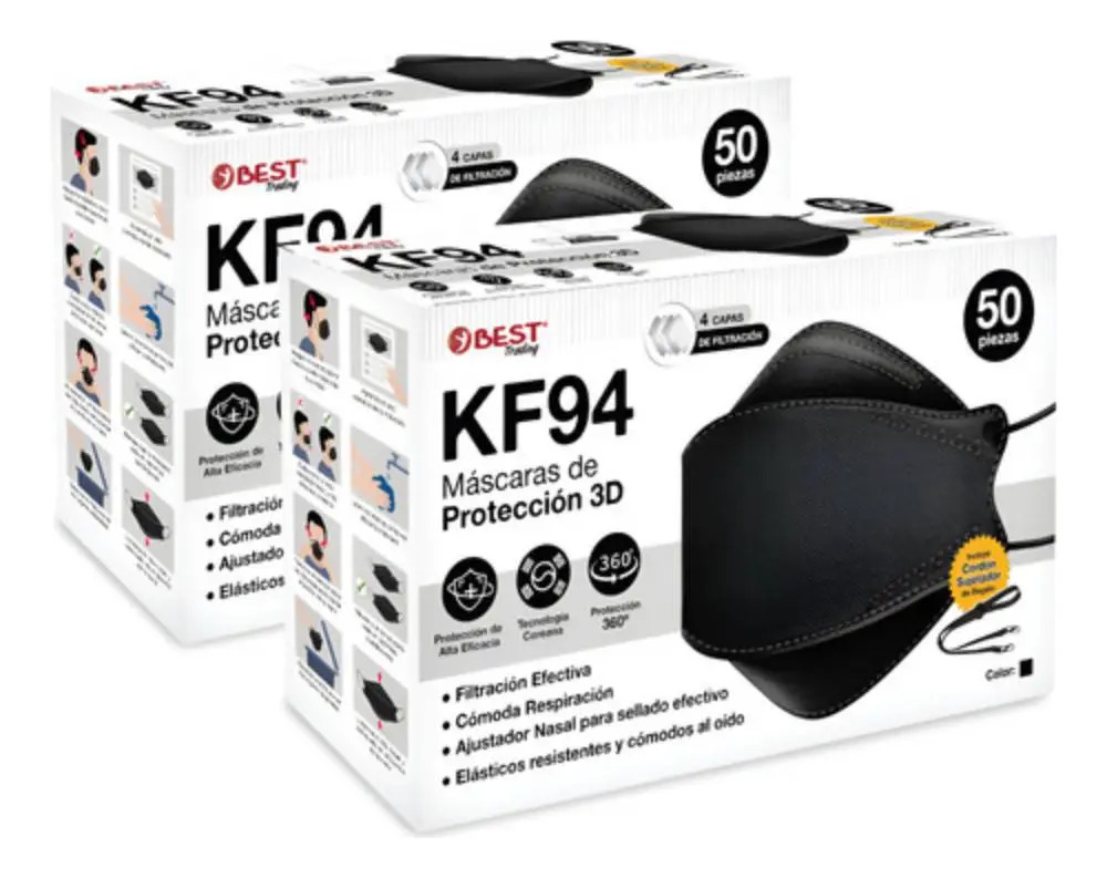 Best Trading 100 Cubrebocas KF94 Certificado Desechable, Mascarilla De Protección Tipo Coreano Con 4 Capas De Protección Contra Partículas, Tapabocas Cómodos Con Ajustador Nasal Oc