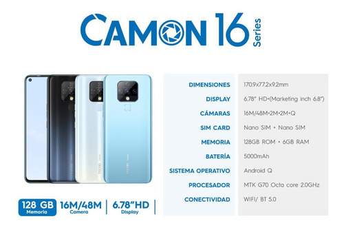 Celular Tecno Camon 16 128gb+6gb+pantalla 6.78 +5000mah