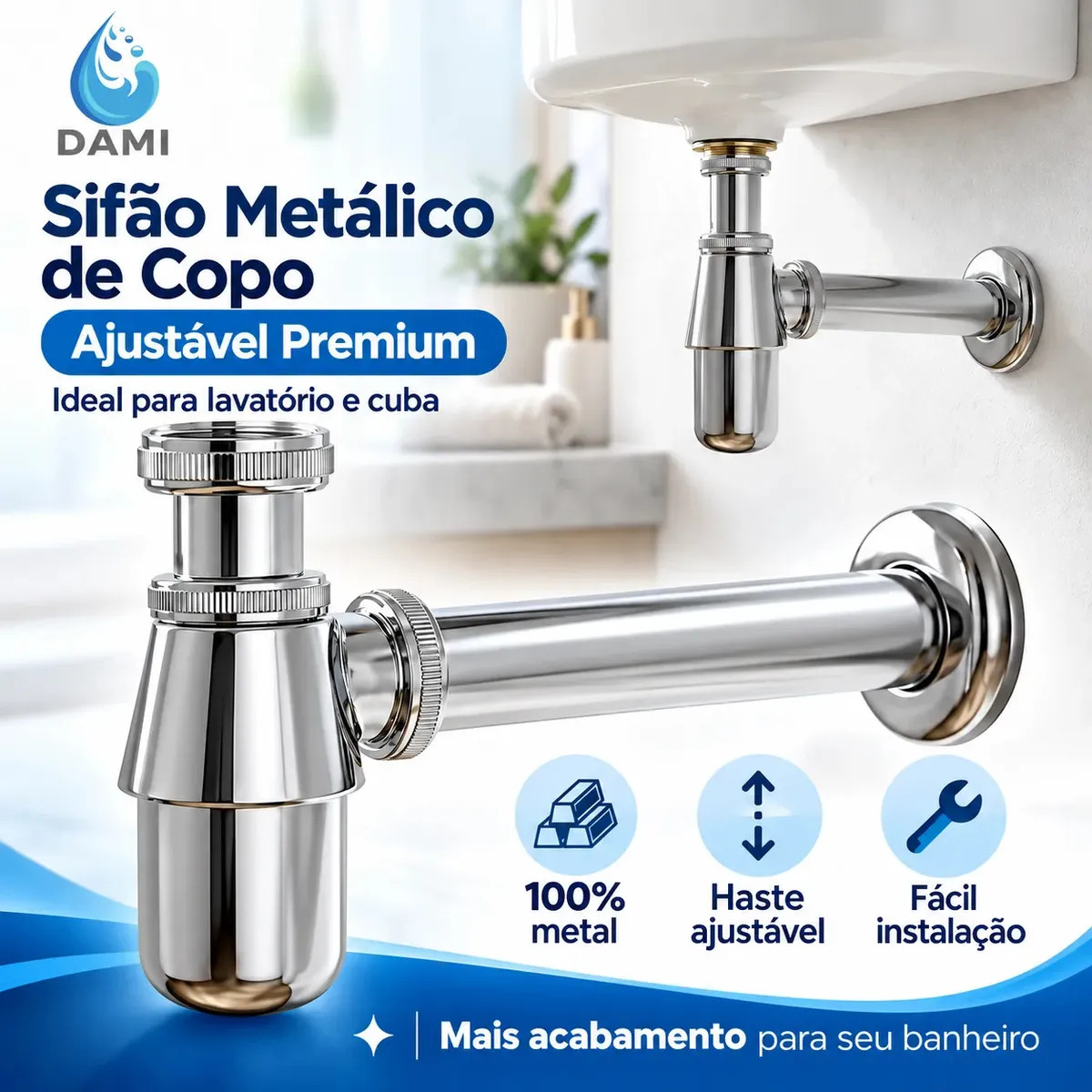 Sifão Com Copo Dami Cromado Metálico 1.1/2 4,5cm Para Lavatório Pia Banheiro Lavabo Universal Anti Mau Cheiro Fácil Limpeza Alta Resistência Acabamento Premium Instalação Fácil Dur